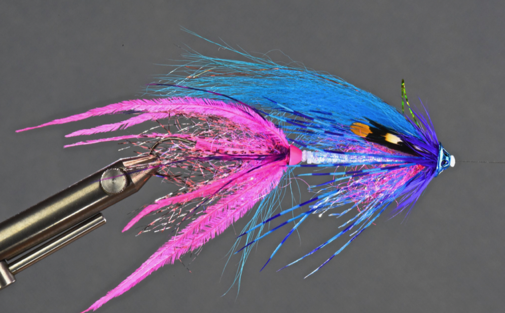 Here's a nice 3.75-inch Pink & Blue Tube intruder. Guess what? This is two tubes staked together, making this a size adaptation you can accomplish streamside if you wish.