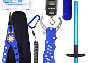 Aluminum Fishing Pliers Saltwater, Fish Gripper, Lip Grip, Fish Hook Remover, Hanging Digital Fish Scale, Fly Fishing Tools Set, Split Ring Pliers Fish Holder, Ice Fish Gear,[5 pcs] + Waterproof Box