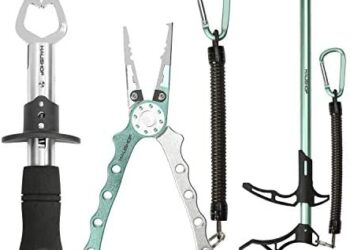 HAUSHOF 3PC Fishing Tool Kit, Stainless Steel Fish Lip Gripper, Aluminum Fishing Pliers with Sheath, Fish Hook Remover with Safety Coiled Lanyard