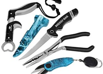 Mossy Oak 4pc Fishing Tool Kit – Pistol Grip Fishing Pliers, Fish Fillet Knife, Fishing Gripper, Line Snip, Fly Fishing Retractor with Retractable Lanyard