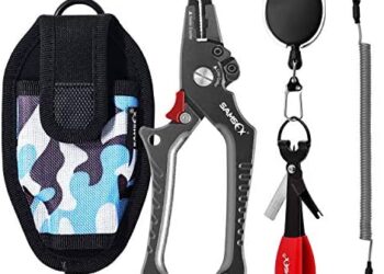 SAMSFX Aluminum Fishing Pliers Hook Remover Braid Line Cutter Split Ring Opener with Coiled Lanyard and Sheath, Fly Fishing Knot Tying Tools & Retractors