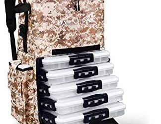 DAWN UPON Large Rolling Fishing Backpack – 24” x 14” x 10” Size – Compatible with 3700 Tackle Boxes – Fishing Rod Holders, Adjustable Straps, Wheeled Base – Perfect for Fishing, Hiking & Camping