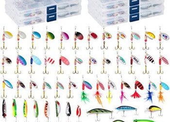 Dr.Fish 60 Fishing Lures Kit with 5 Tackle Boxes Spinner Baits Soft Plastic Swimbait Spoon Lures Crankbaits Minnow Popper Variety Set Assortment Rooster Tail Trout Spinner Salmon Spoons Walleye