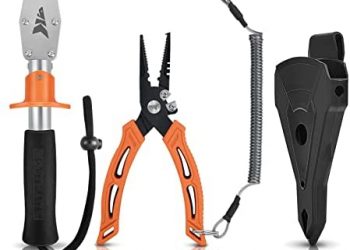 KastKing Fishing Pliers with Fish Lip Gripper, Saltwater Resistant Fishing Tool, Fishing Gear with Rubber Handle, Lanyard, Line Cutter Hook Remover with Sheath, Ice Fishing Gear, Fishing Gifts for Men