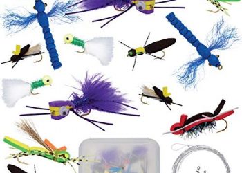 Thor Outdoor Topwater Fly Fishing Kit for Bass & Panfish | 14 pc Set + Tapered Leader and Snaps – Foam Poppers, Hoppers, Dry Flies, Spiders, Ants, & Attractors (Hook Size 8 to 10)