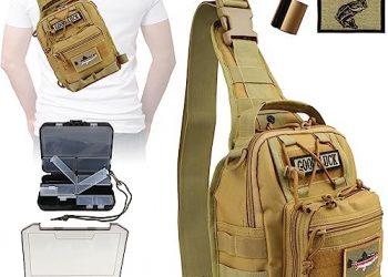 Dovesun Fly Fishing Sling Tackle Backpack, Waterproof Fishing Backpack with 2 Small Tackle Boxes | Rod Clips DIY Logo Shoudler Bag Fishing Gear Bag for Men